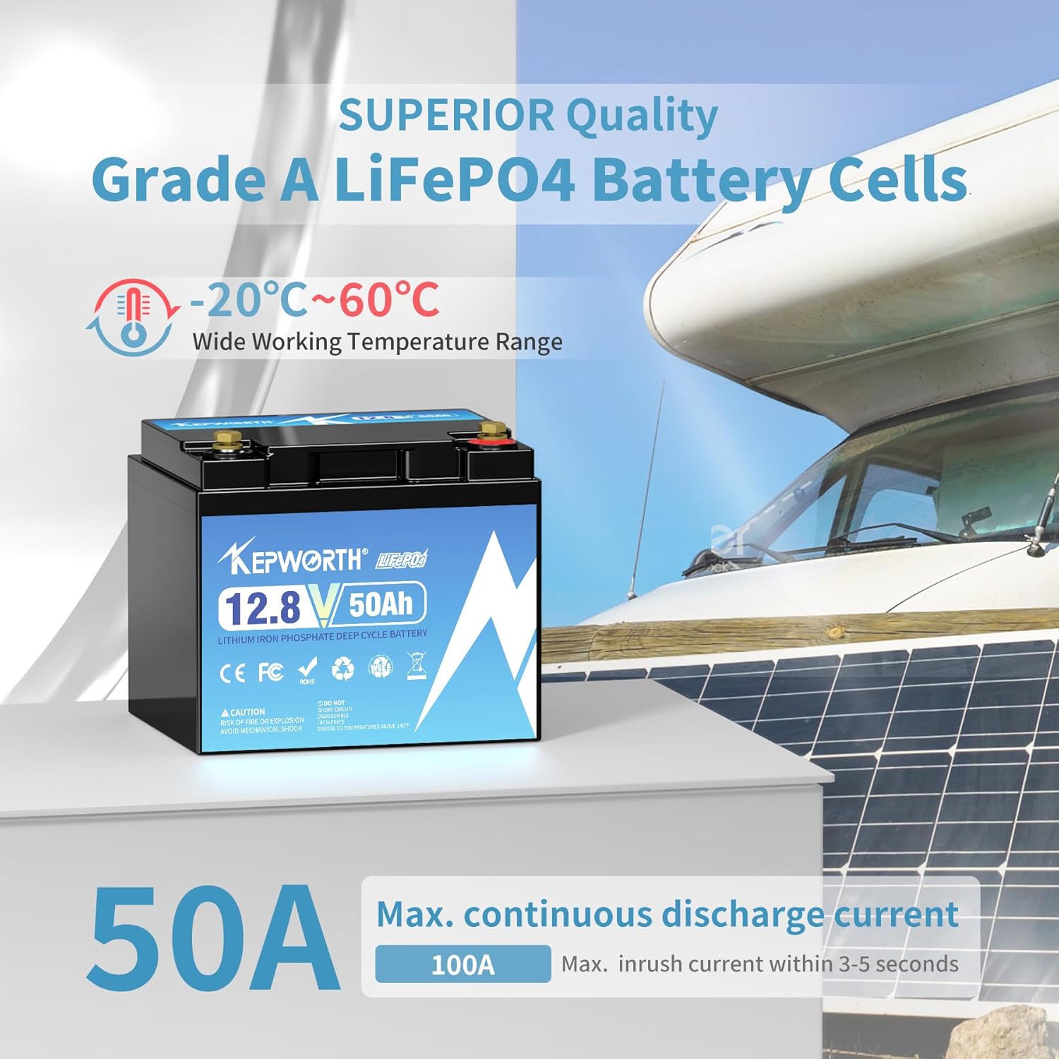 KEPWORTH 12.8V 50Ah LiFepo4 Battery, Rechargeable Lithium Batteries with 50A BMS, Grade A Lithium Iron Phosphate Battery Cells, for Boat, Fishfinder, RV, Solar