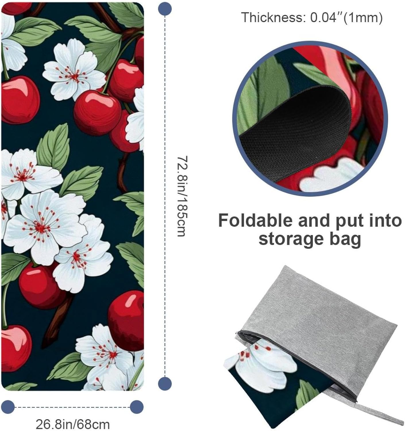 Yoga Towel, Cherry Pattern Non Slip Sweat Absorbent Hot Yoga Mat Towel for Hot Yoga, Pilates and Fitness - 72.8" x 26.8"