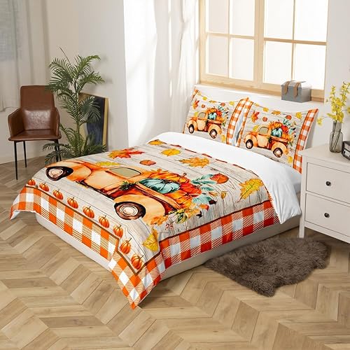 Miniatura 5 de Fall Pumpkin Kids Duvet Cover Set Full Size,Truck Maple Leaves Cabin Bedding Set,Boys Girls Adults Bedroom Decor,Wooden Plank Grids Comforter