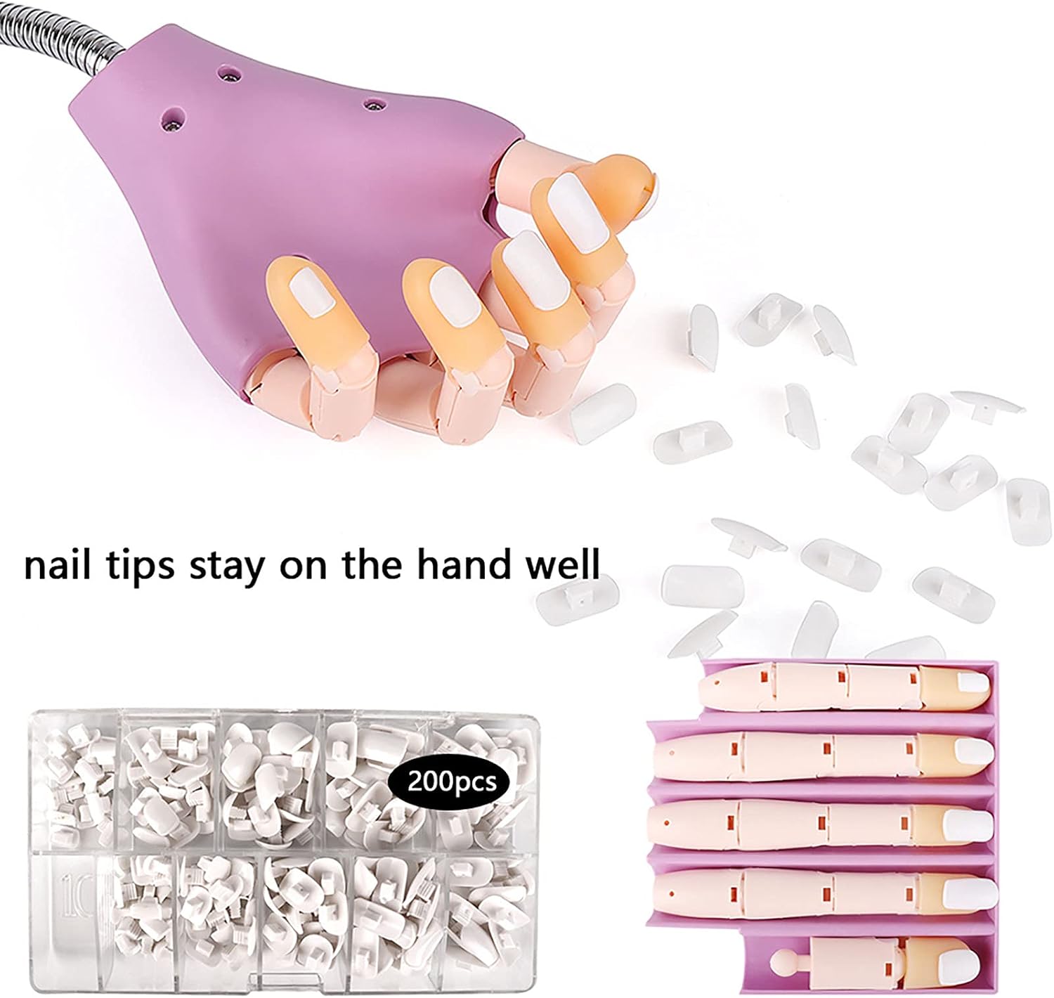 Manicure Practice Hand Flexible Reusable Bendable Finger with 200 Pcs Nail Tips, Nail File and Nail Brush Adjustable Training Model Hands Kit