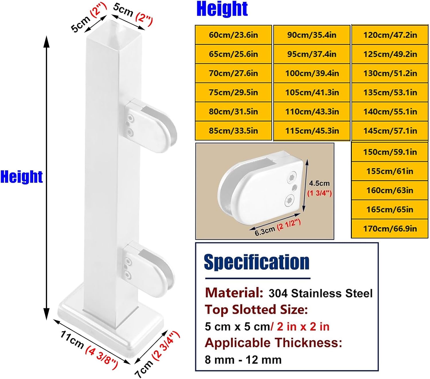24" to 67" White Glass Railing Post - Durable Stainless Steel Baluster Connector for Loft, Patio, Stairs - Stylish Handrail Pole System, H-145cm/57in End Post