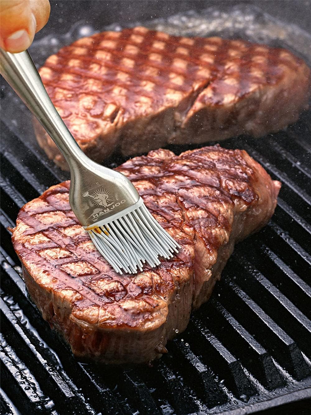 Han Joo Silicone BBQ 2 Brush Set – Premium Basting Brush with Heat Resistant Silicone Bristles, Silicone Kitchen Pastry Brush for BBQ Baking, Cooking, Basting – 8.5in & 12.7in & 2 Extra Grey Heads: Home & Kitchen