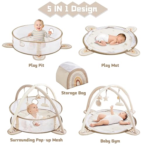 Miniatura 3 de Beright Gimnasio y tapete de juego 5 en 1, gimnasio de juego y piscina de pelotas con juguetes sensoriales para bebés recién nacidos para