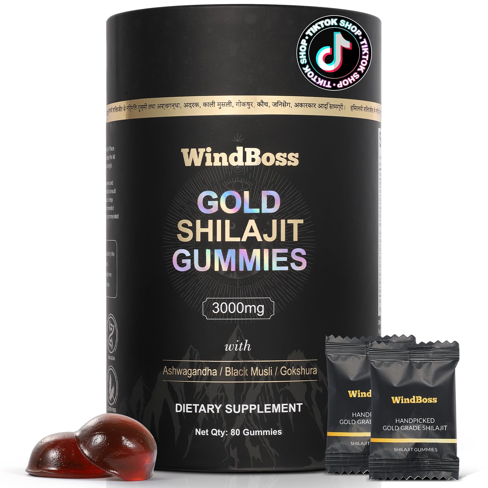 WindBoss Gold Shilajit Gummies del Himalaya en Gominolas – Con Ashwagandha, Gokshura, – Apoyo al Sistema Inmunitario y Equilibrio del Estrés – 80 Gominolas