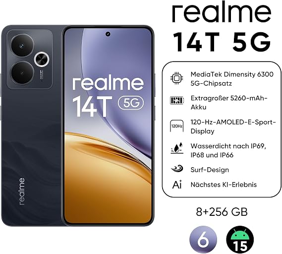 realme 14T 5G Smartphone 8+256GB Dimensity 6300 5G Chipset 6.67 Inch 120Hz AMOLED Esports Display 5260mAh Super Large Capacity IP69 Waterproof Surf Design Next Ai Obsidian Black (without Adapter)