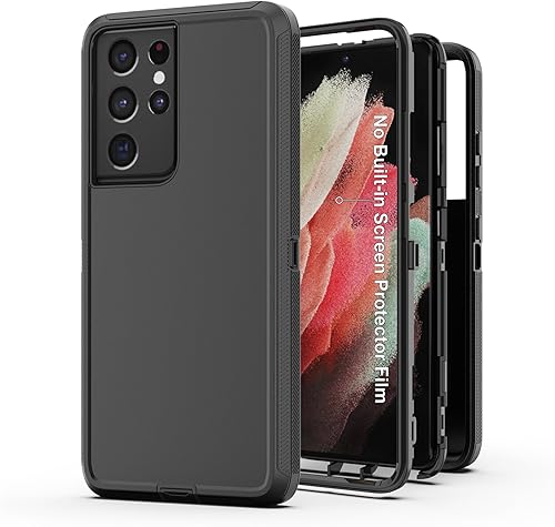 Funda para Samsung Galaxy S21 Ultra 5G AWZHYDT de doble capa a prueba de golpes magnética con soporte de anillo resistente y (2 unidades) película