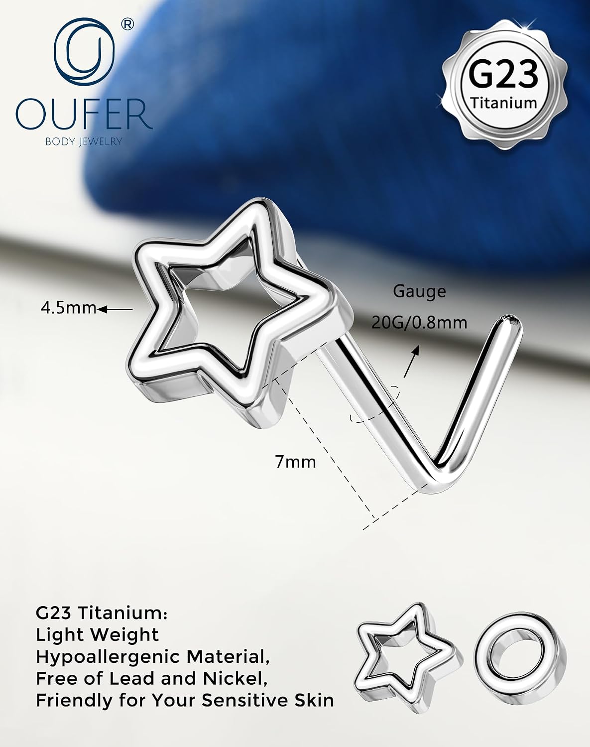 OUFER G23 Titanium Nose Rings for Women, 20g L Shaped Nose Studs, Star Round Nostril Piercing Jewelry