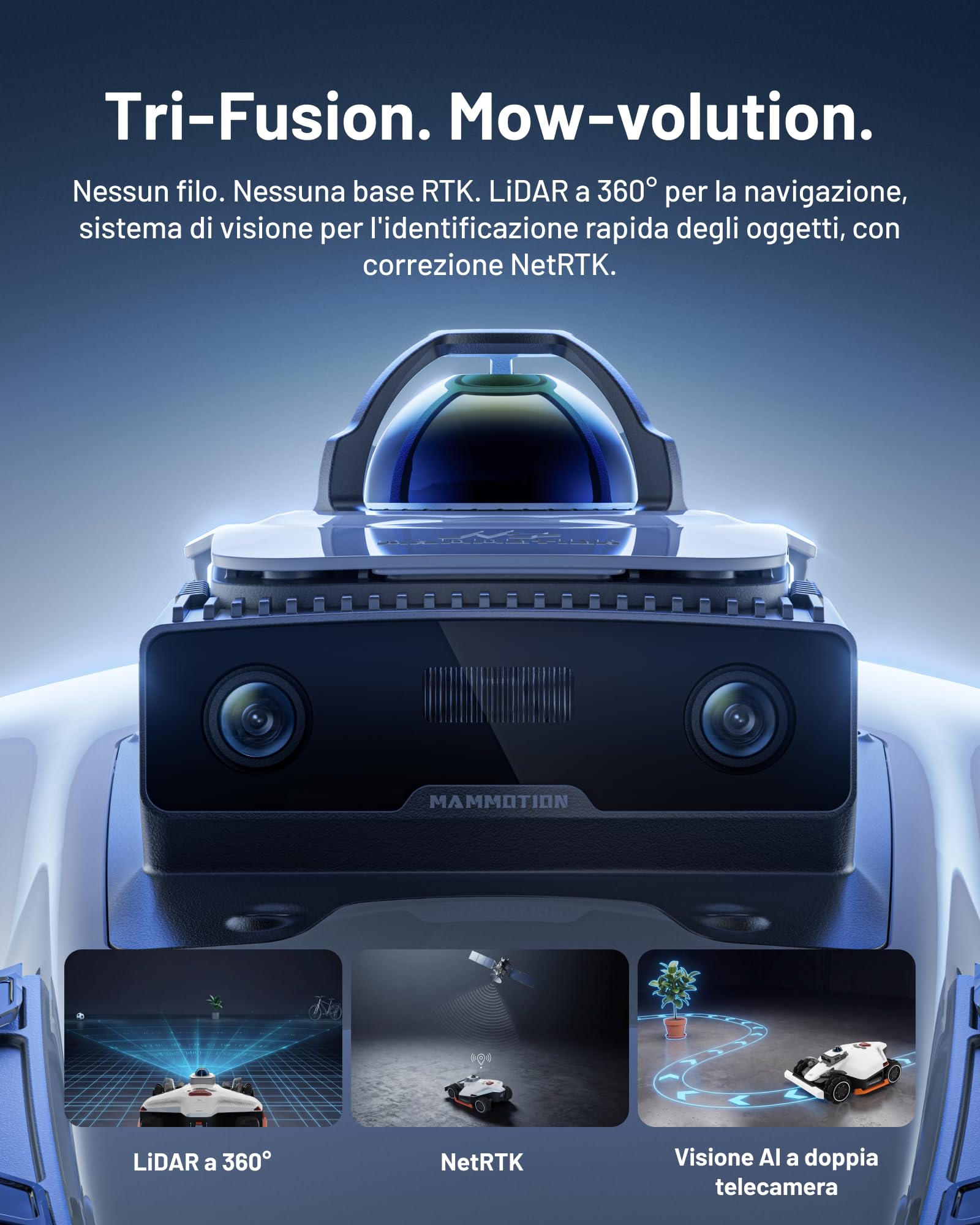 MAMMOTION LUBA 3 AWD 3000 Robot Tagliaerba Senza Filo Perimetrale, Posizionamento LiDAR+NetRTK+AI Vision Tri-Fusion 360°, Trazione Integrale Pendenze all'80%, fino a 30 Zone, Altezza di Taglio 25-70mm