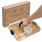 WILLKOMMEN Charcuterie Board with Lid- 6 Section Rectangular Serving Tray with Carry Handle & Locking Lid, Portable Bamboo Serving Platter, Food Trays for Party Picnic Cheese Snack