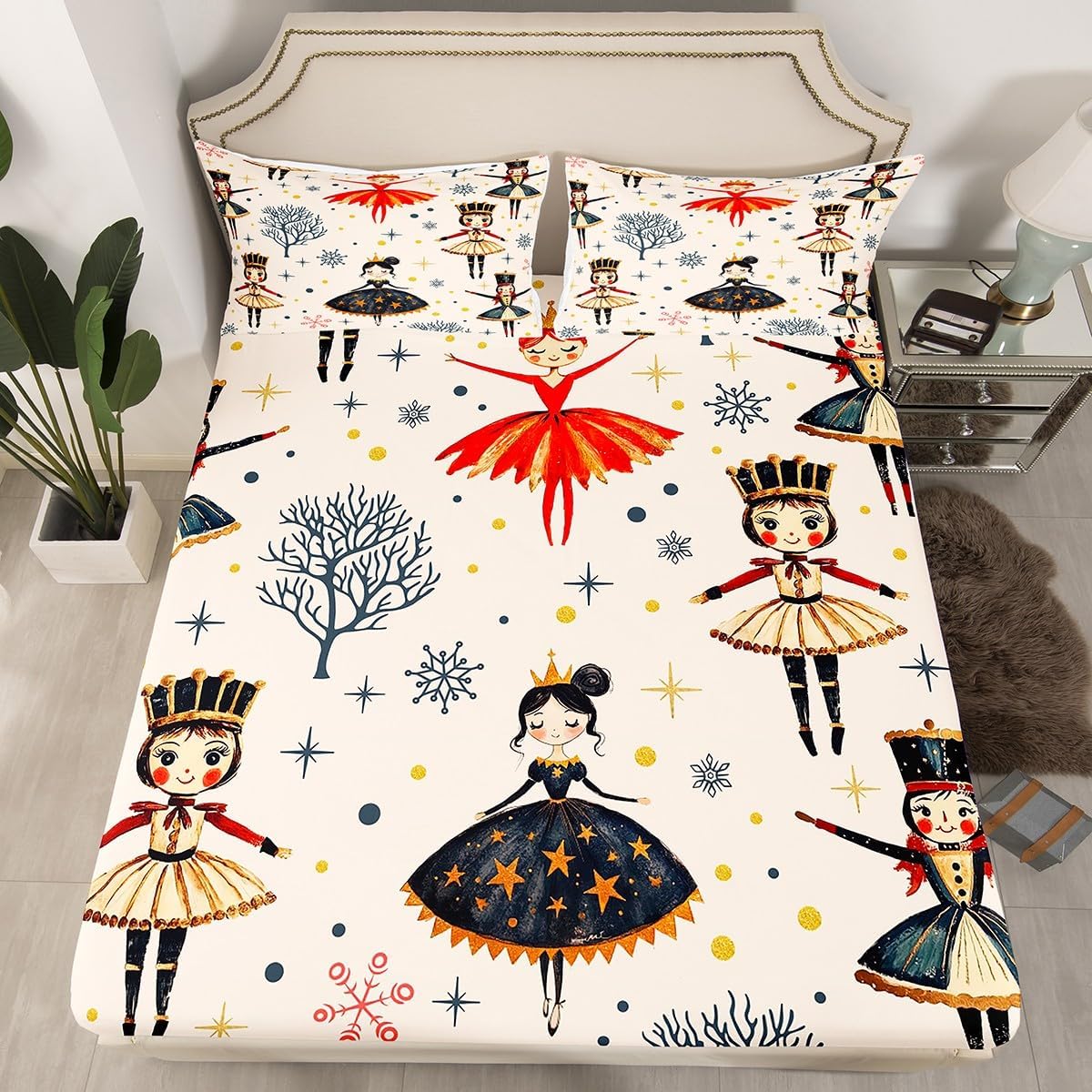 Erosebridal Preppy Christmas Fitted Sheet, Pink Bow Christmas Tree Decorations Bedding Set Pink Christmas Butterfly Knot Bed Sheets, Xmas Winter Theme Sheets with 2 Pillow Cases, Queen