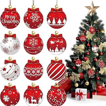 Christmas Hanging Ornaments - 24 Pcs Round Red Tag Labels Wooden Snowflake Ball Shaped Decoration for Tree, Winter Decor, Xmas Party Supplies