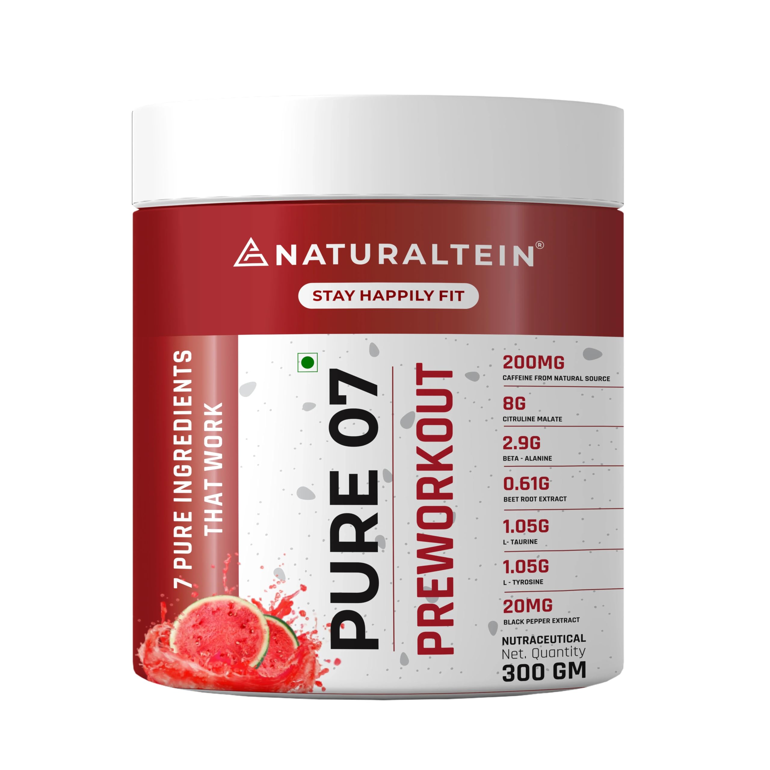 NATURALTEIN PURE 07 Natural Pre-Workout (Watermelon Flavour) 300 Grams