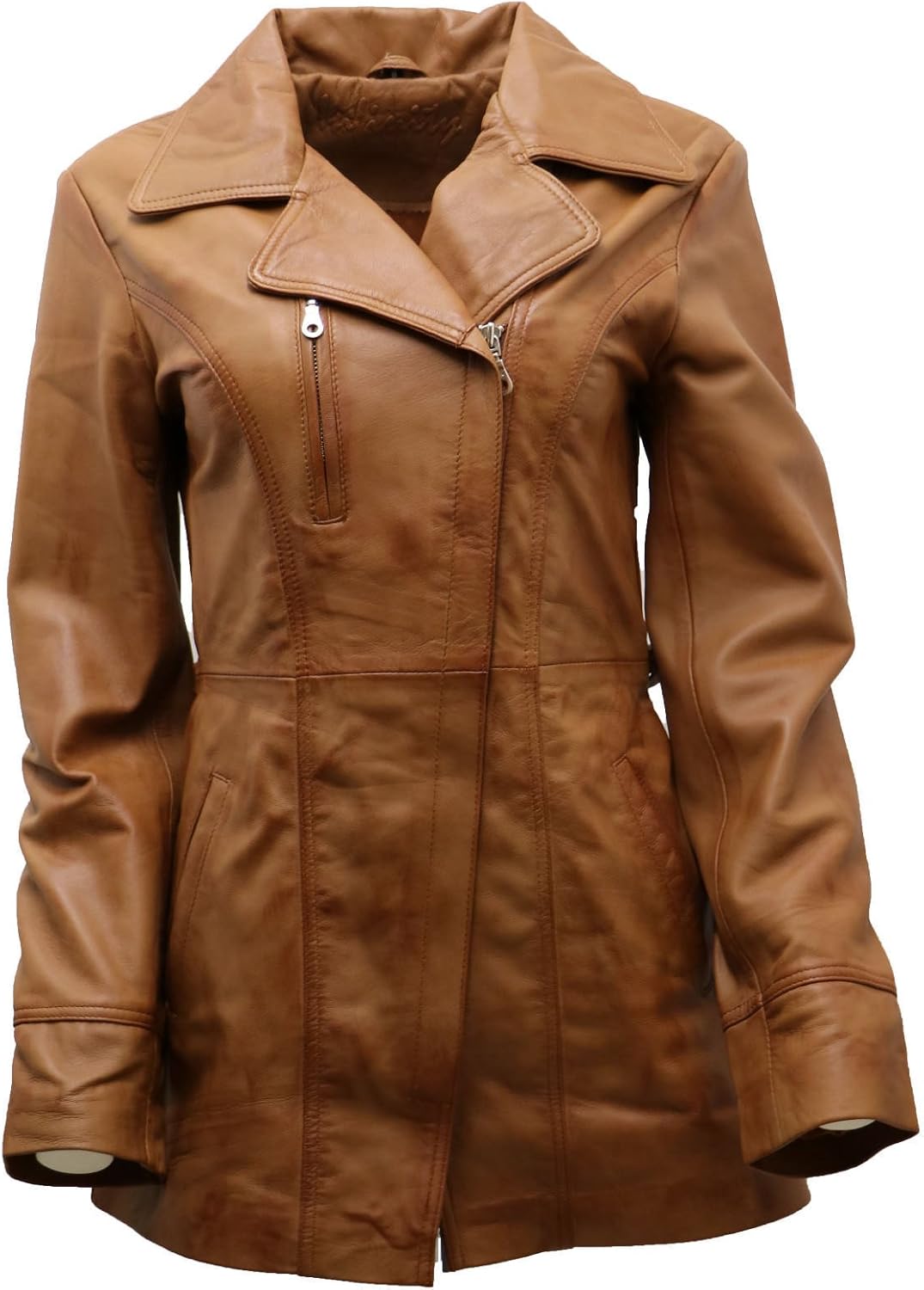 Women's Black, Brown, Tan Nappa Leather Long Biker Jacket with Belt