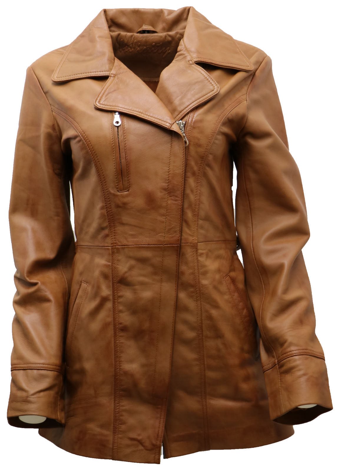 Women's Tan Nappa Leather Long Biker Jacket with Belt 14