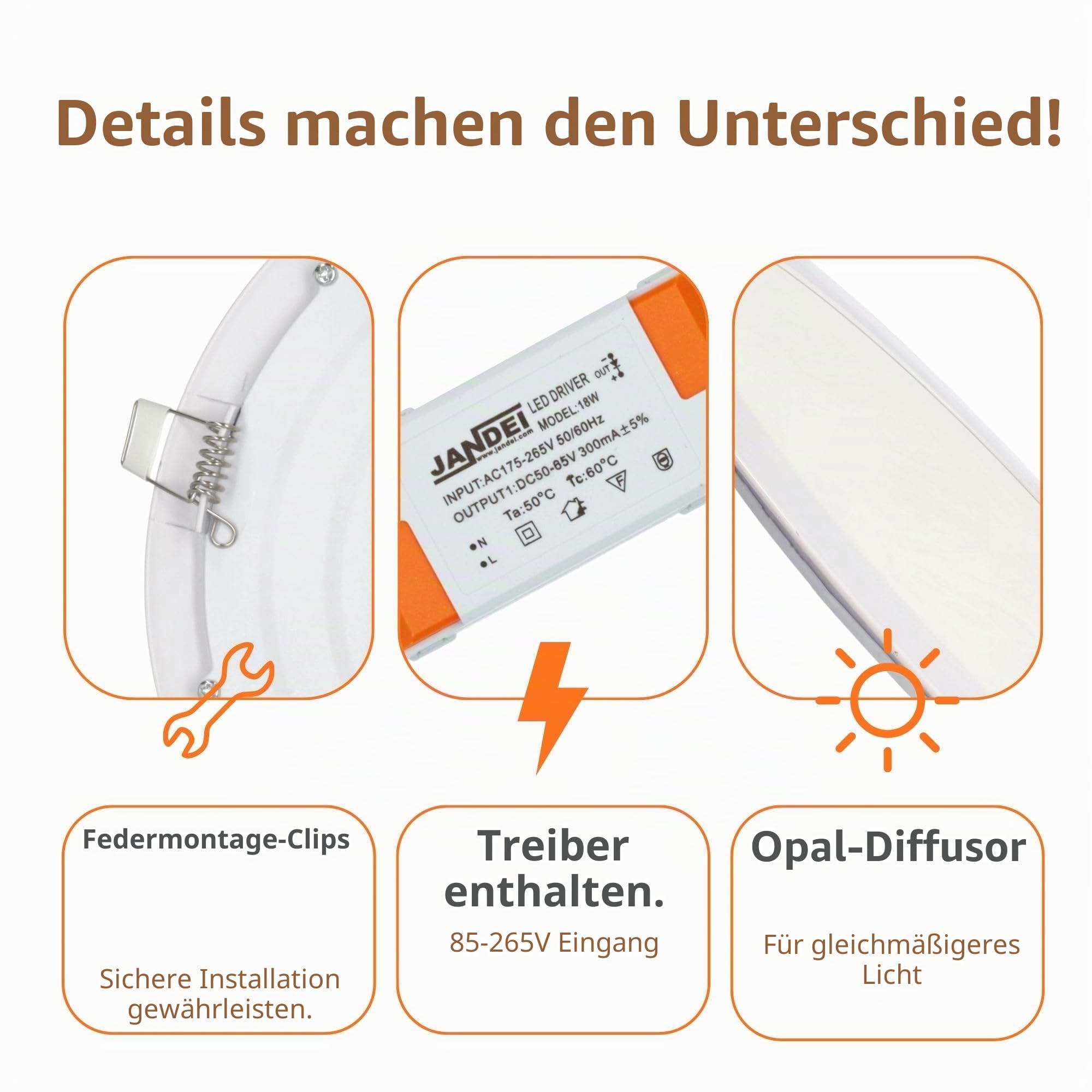 JANDEI - 5er-Pack runde LED-Einbaustrahler, 18 W, 1500 Lumen, extraflach 13 mm, Montageloch Ø 200–205 mm, Kaltweiß 6000k, inklusive Transformatoren