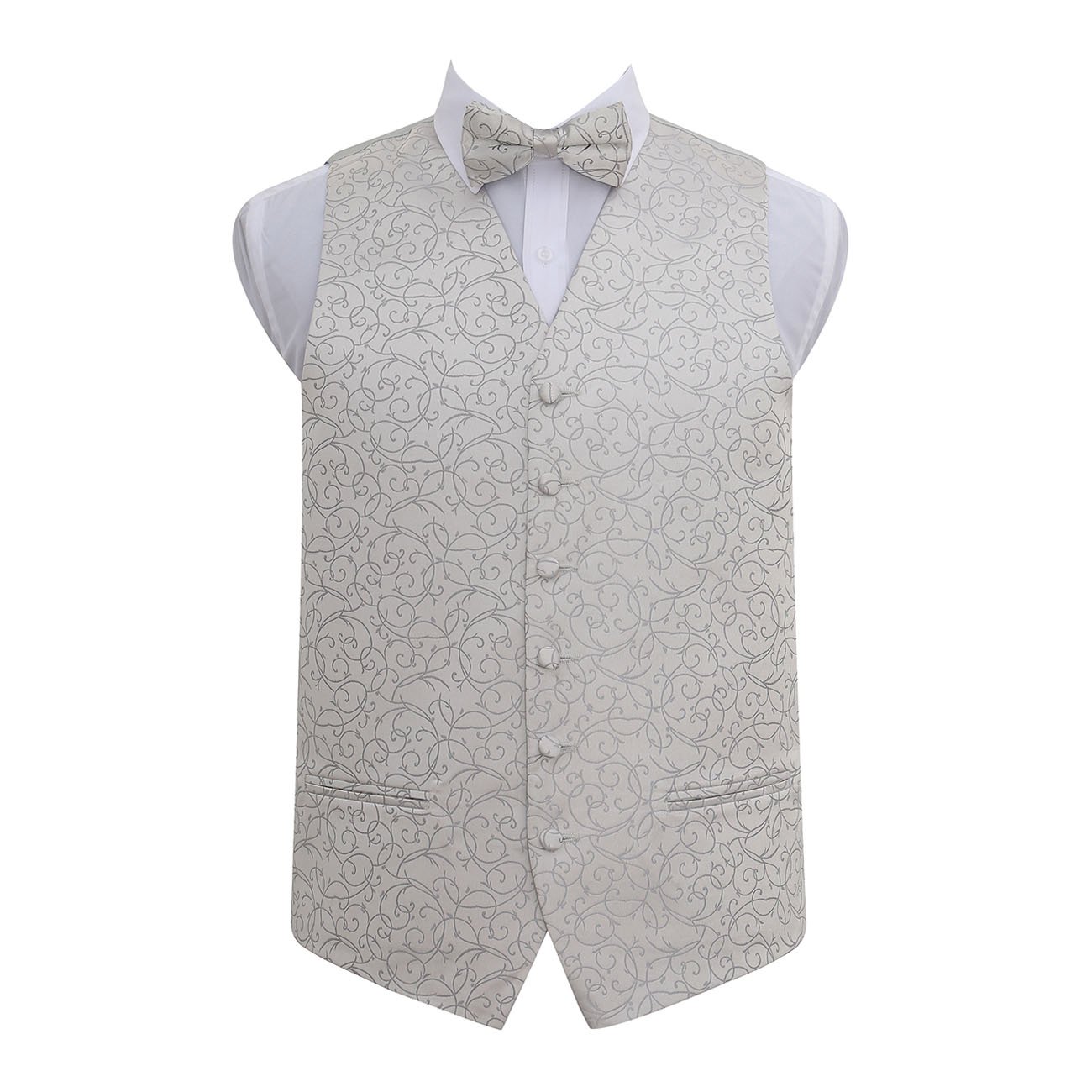 DQT New Swirl Jacquard Silver Men's Waistcoat and Pre-Tied Bow Tie - Size M: 38
