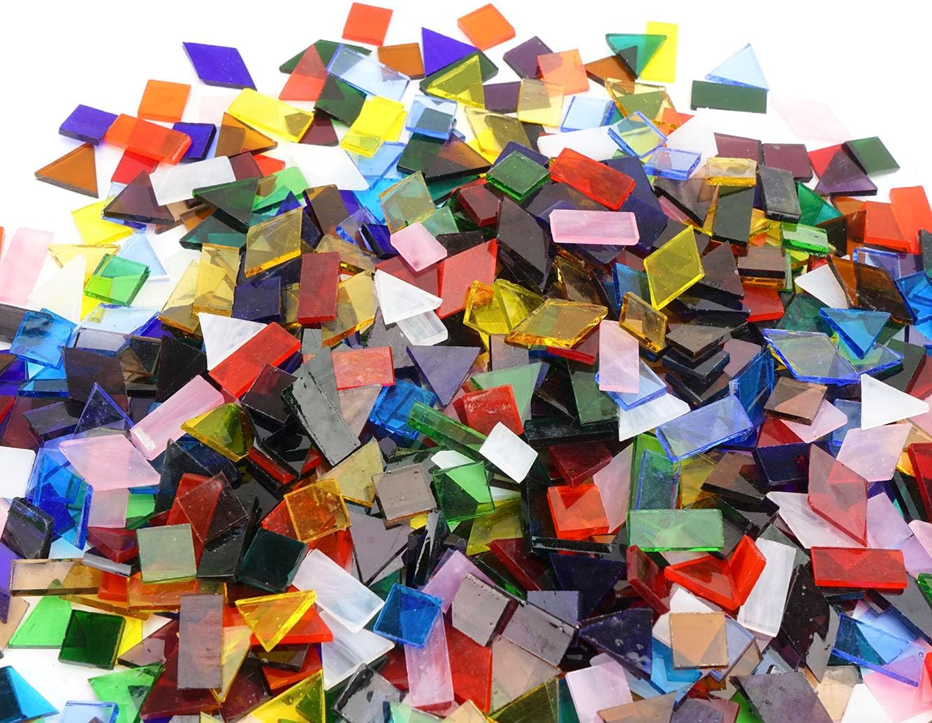 Lanyani Large-Size Colorful Transparent Stained Glass Mosaic Tiles Assortment Bulk, 2.2 Pounds Vibrant Cathedral Glass Mosaic Pieces for DIY Art Crafts, 4 Shapes Mixed Mosaic Tiles, 910 Pieces