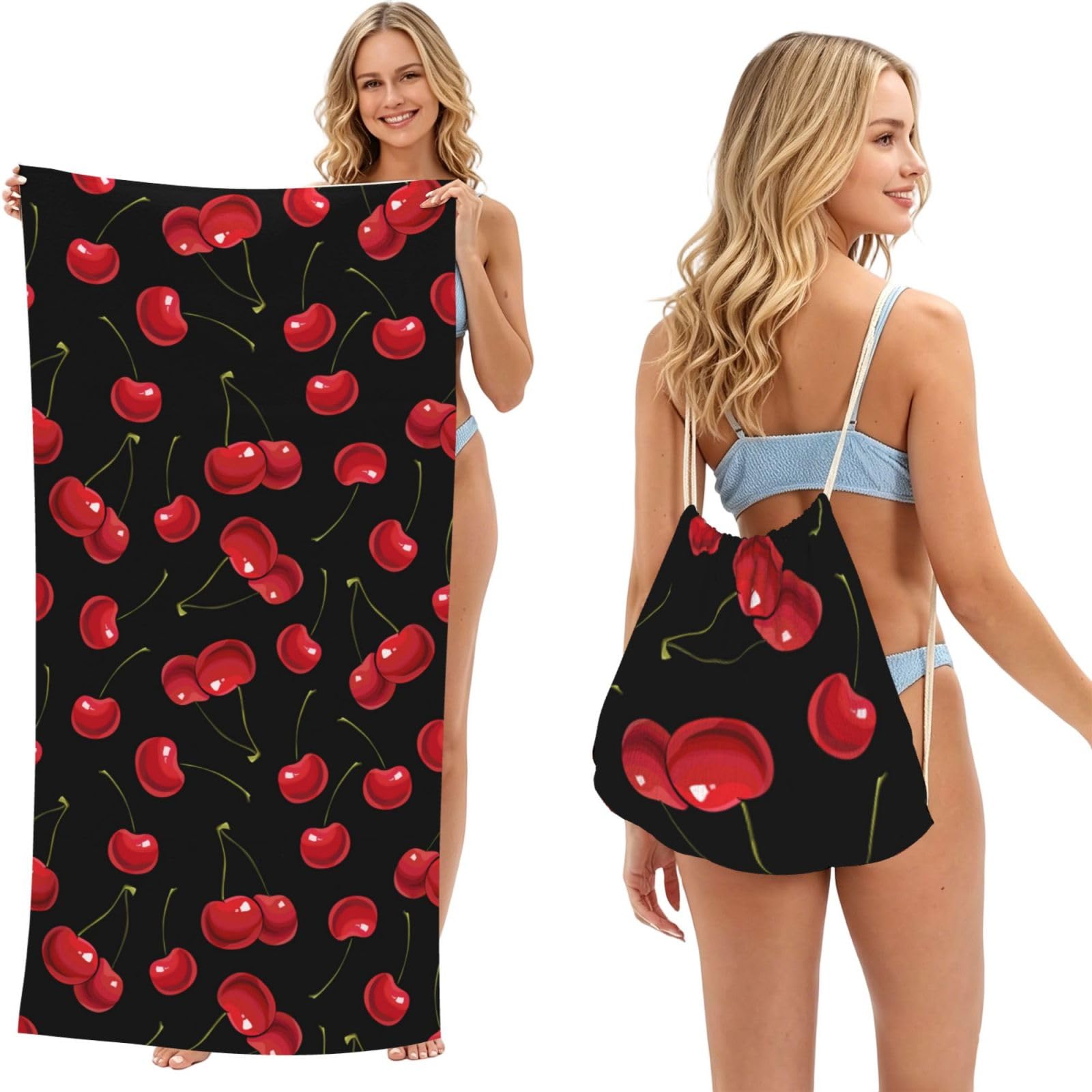 Poadnly As Picture Cherry, 2 In 1 Packable Towel Bag, Beach Towels With Drawstring Backpack For Travel Holiday Camping