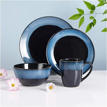 Dinner Plate Household Plates and Bowls Sets Durable Ceramic Dinner Plate Sets Blue Dinnerware Set of 4, Dinner Plates, Salad Plates and Mug Tray