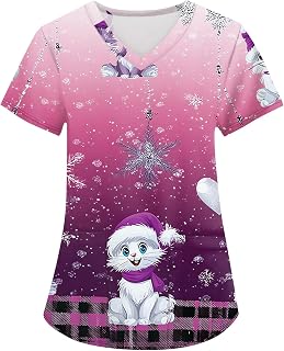 Christmas Scrubs for Women V Neck Top Short Sleeve Graphic Tees Plus Size Work Scrub Shirts with Pockets