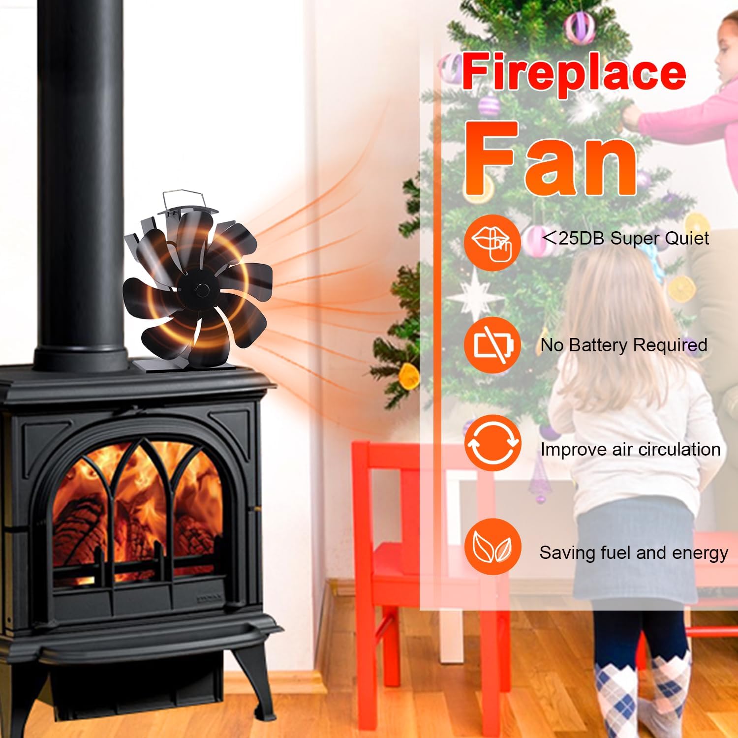 VODA Wood Stove Fan Heat Powered Fireplace Fans Non Electric, 8 Blades Heat Activated Thermal Fan for Wood Burning Stove/Log Burner, w/Stove Accessories Thermometer