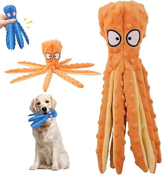 2026 New Octopus Dog Toy12.6in, Squeaky Crinkle Plush No Stuffing Interactive Dog Toy for Small Medium Dogs, Soft Pet Safe Dog Chew Toys Orange