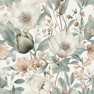 REDAMANCY Pale Grey/Green Poppy Floral Watercolor Ink Flowers Vintage Peel and Stick Wallpaper Stick on Contact Paper Vintage wall Paper Easy Peel Off for nightstand Drawer Cabinet Renter