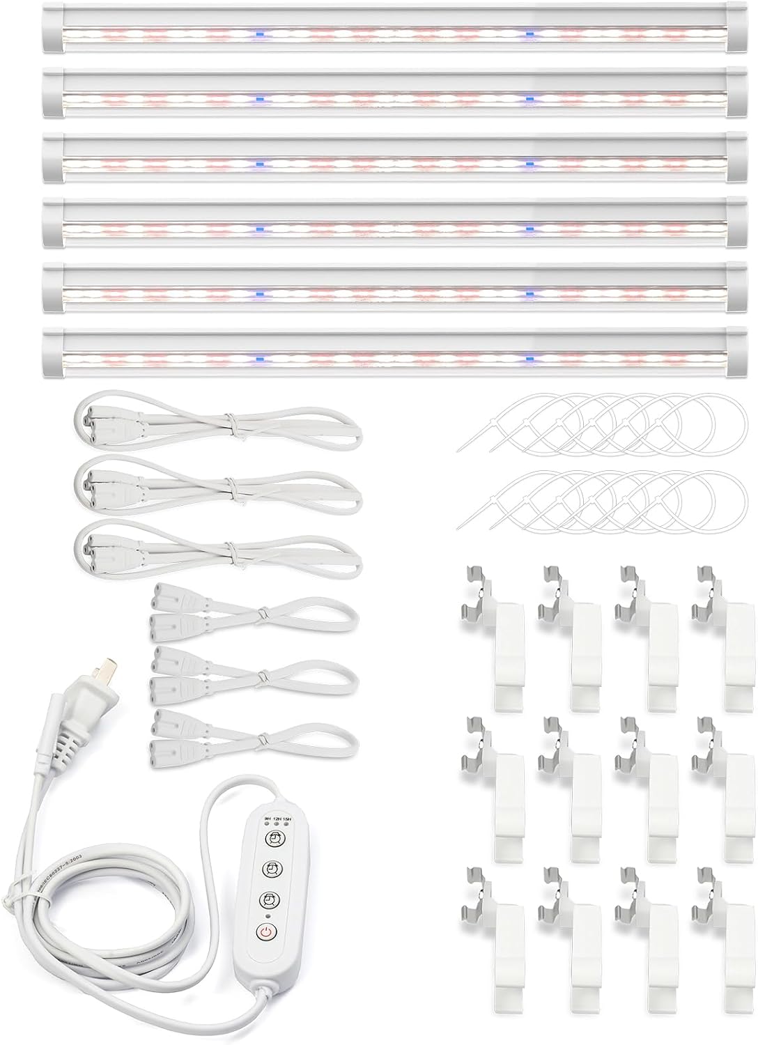 T8 LED Indoor Plant Grow Lights,15W 17.72Inches Full Spectrum Plant Lights per 1pcs, Includes 9/12/15 time Controller, lamp Connecting Cable，Ø 25 mm PVC Pipe Light Clips (White, 6pcs)