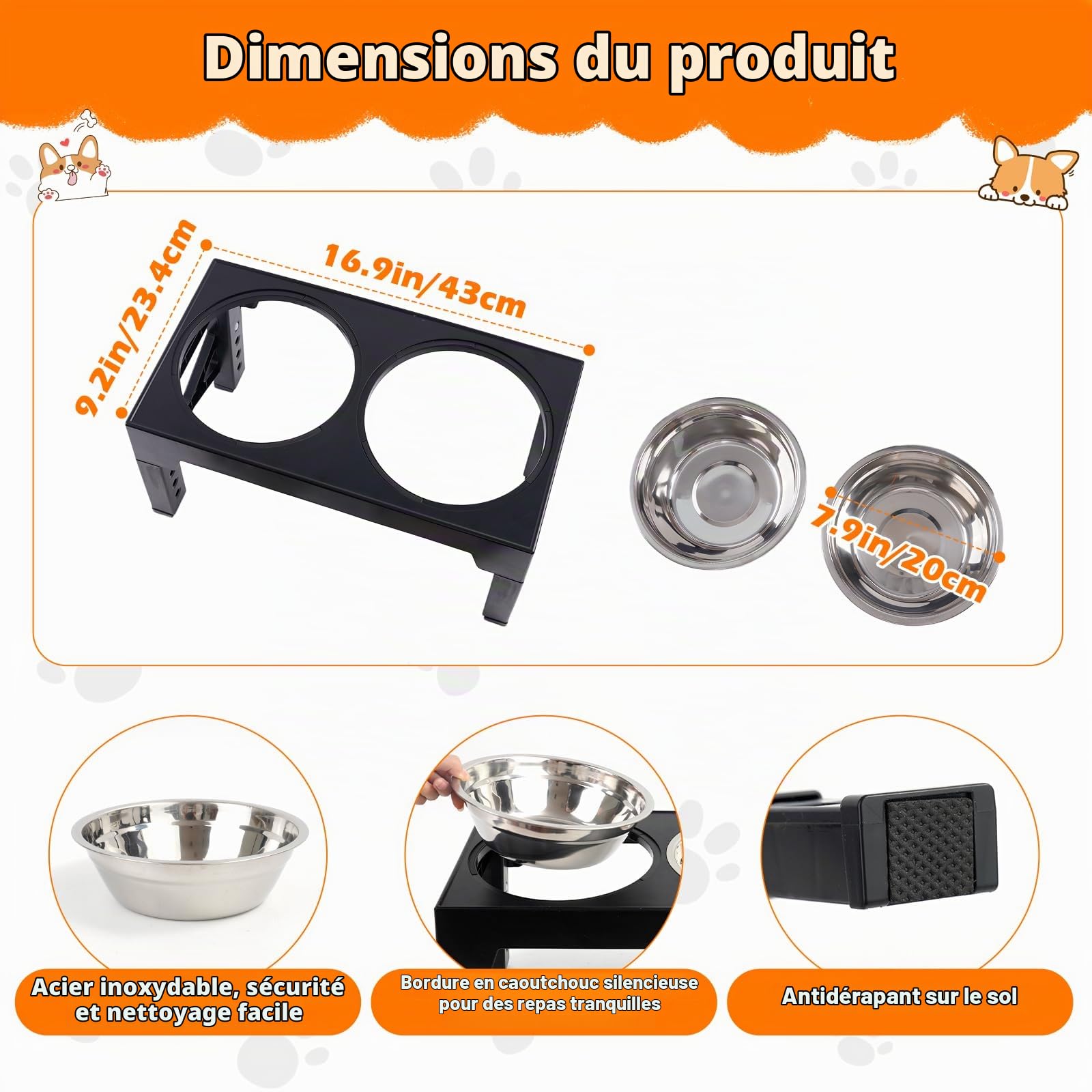 Bol pour chien surélevé réglable en hauteur avec 5 hauteurs Support de bol pour chien avec 2 bols pour chien Bol d'alimentation en acier inoxydable pour grands, moyens et petits chats et chiens Noir