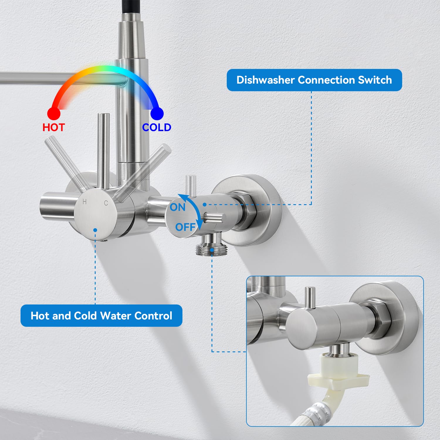 Wasserhahn Küche Wandmontage mit 3/4 Zoll Anschluss, Küchenarmatur Wand für Geschirrspüler/Waschmaschine, Wandarmatur mit 3 Strahlarten, 360° Drehbar Flexibler Auslauf, Gebürstetes