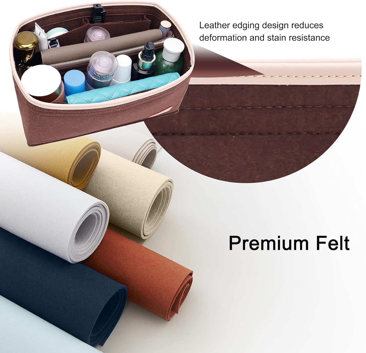 Doxo Purse Organizer Insert for Handbags & Base Shaper 2pc Set with Zipper, Felt Bag Organizer for Tote, Purse Organizer for LV Speedy 25/30/35 Neverfull MM Le Pliage L Tote Bag and More(Brown-L) - Image 9