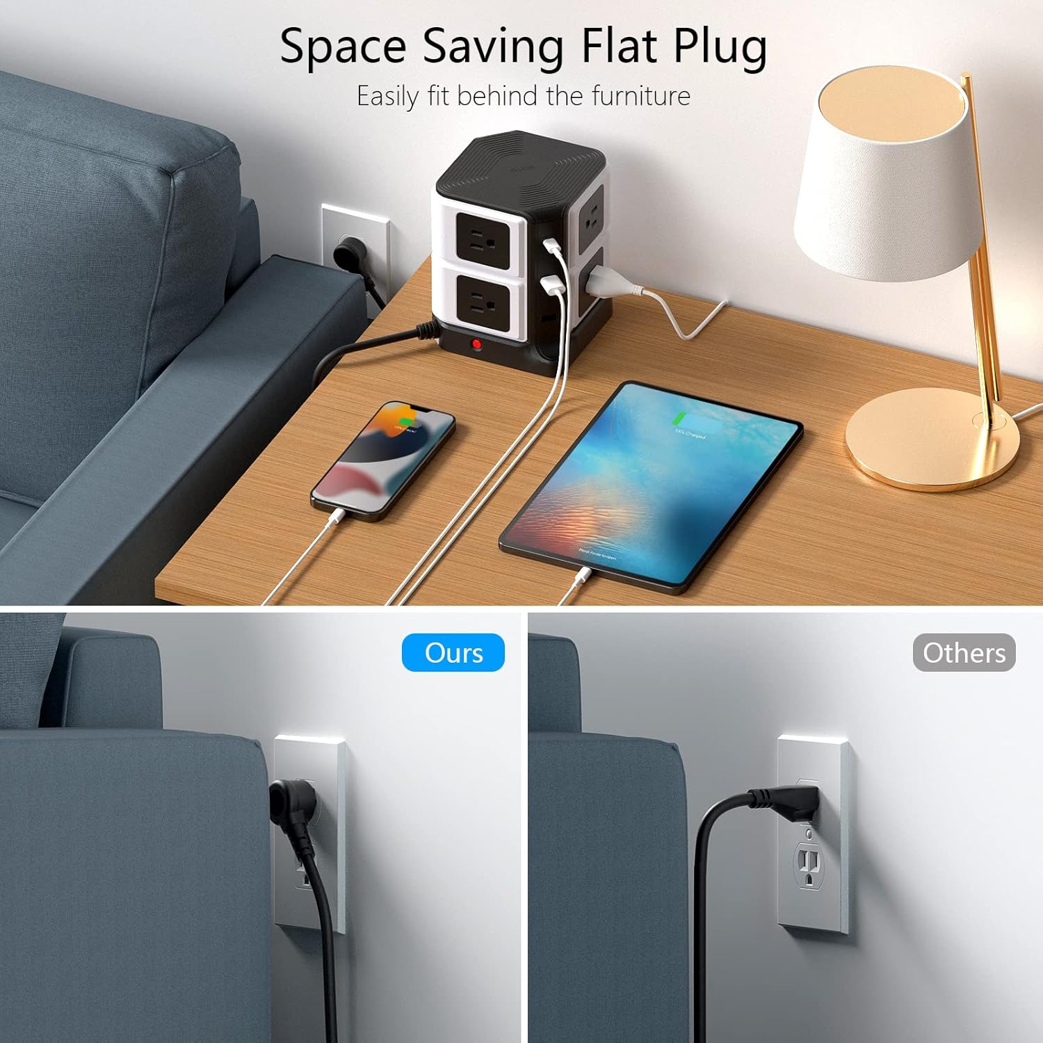 BESTEK Power Strip Tower with a flat plug fitting behind furniture