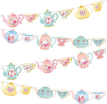 Faccito 5 Pcs Vintage Tea Party Decoration Banner Double Sided Floral Tea Party Hanging Teapot Cutout Paper Banner Assembled for Bridal Shower Birthday Decor 5 Pcs,Vintage