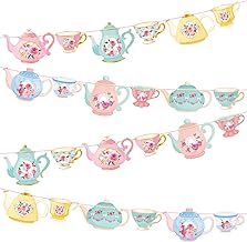 Faccito 5 Pcs Vintage Tea Party Decoration Banner Double Sided Floral Tea Party Hanging Teapot Cutout Paper Banner Assembled for Bridal Shower Birthday Decor