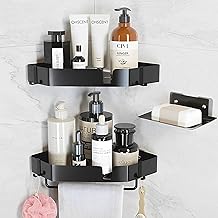 Estantería de ducha sin agujeros, 3 piezas, estantes esquinero baño con 8 ganchos, cesta de acero inoxidable, organizador sin taladro de gel, soporte para champú para baño y cocina(negro)