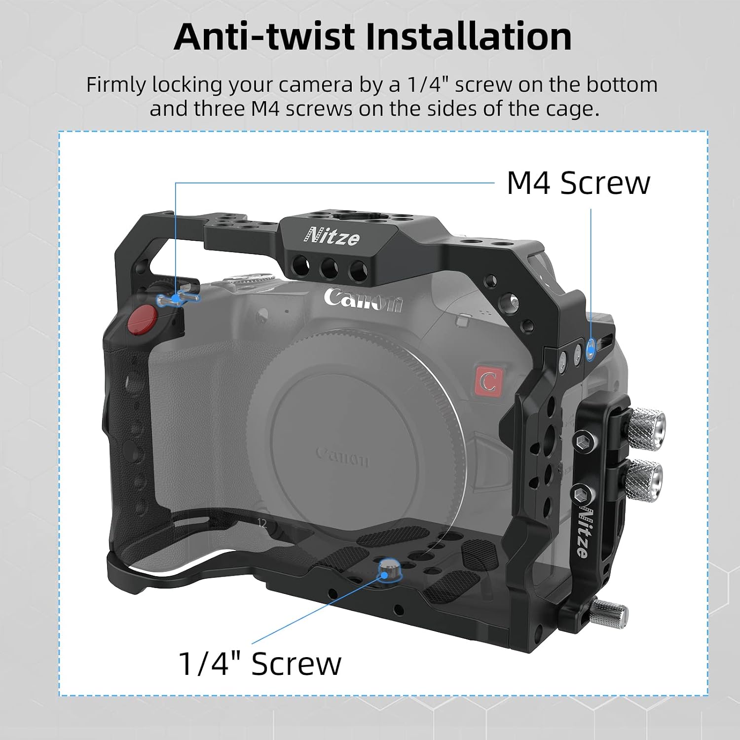 Nitze R5C Cage for Canon R5 C / R5 Camera with HDMI/USB-C Cable Clamp and Built-in NATO Rails - T-C03B