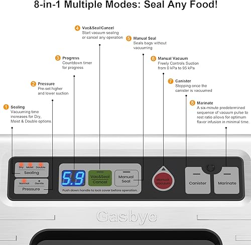 Miniatura 7 de Máquina selladora al vacío, sellador de alimentos de 95 kPa con doble sellado térmico para alimentos secoshúmedos, mango de fácil bloqueo,