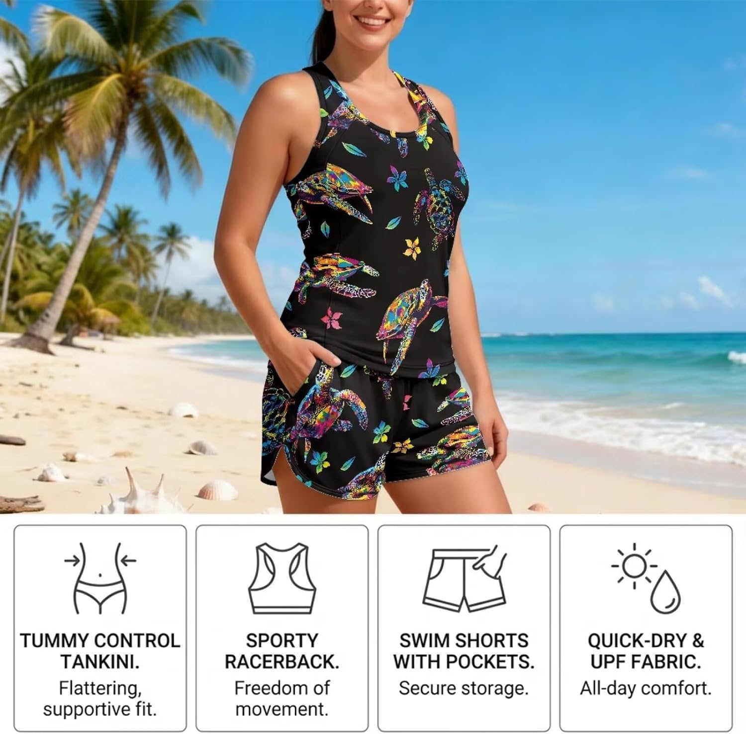 FUSURIRE Women's 2-Piece Tankini Swimsuit Set,Racerback Tank Top with High-Waisted Board Shorts Modest Bathing Suit