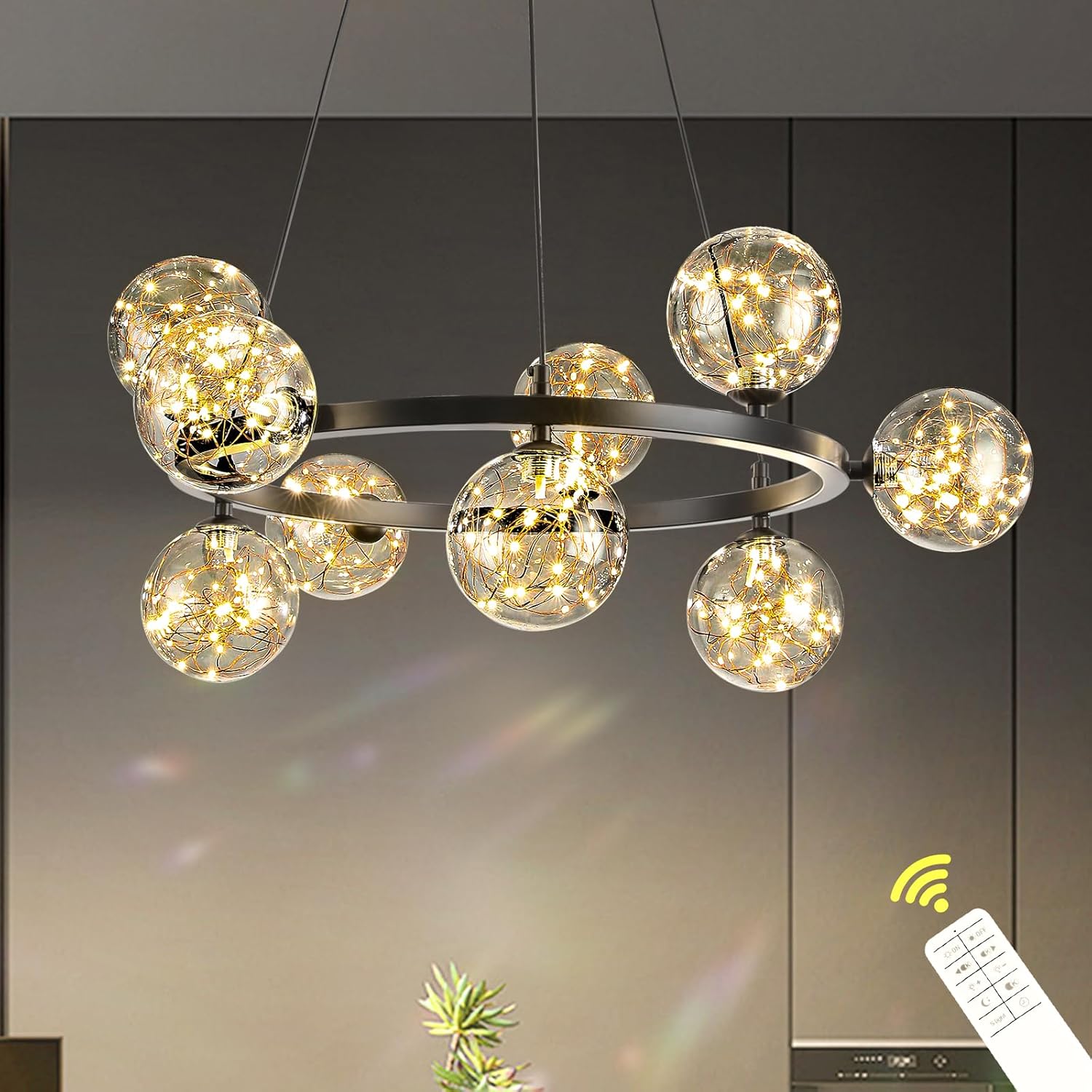 Modern Black Chandelier, LED Sputnik Chandeliers for Dining Room, 9-Light Glass Globe Hanging Light Fixture with Remote, Round Pendant Light Fixture for Bedroom, Kitchen Island, Living Room, Entryway