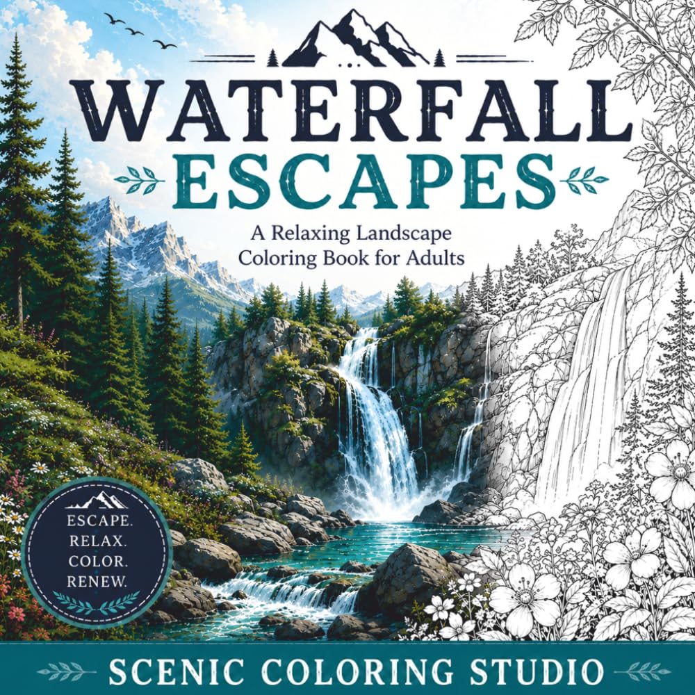 WATERFALL ESCAPES: A Relaxing Landscape Coloring Book for Adults Stunning Waterfalls, Peaceful Streams & Nature Hideaways