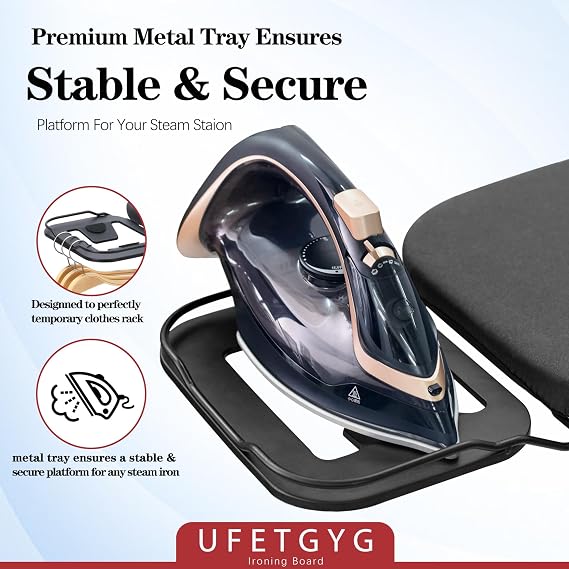 UFETGYG Ironing Board, Metal Panel Iron Board |43 X 13 W/with Iron Rest | Full Metal Construction| Height Adjustable | Heat & Scorch Resistant Fabric | Anti-Skid Feet | Heavy Duty| Easy to Fold