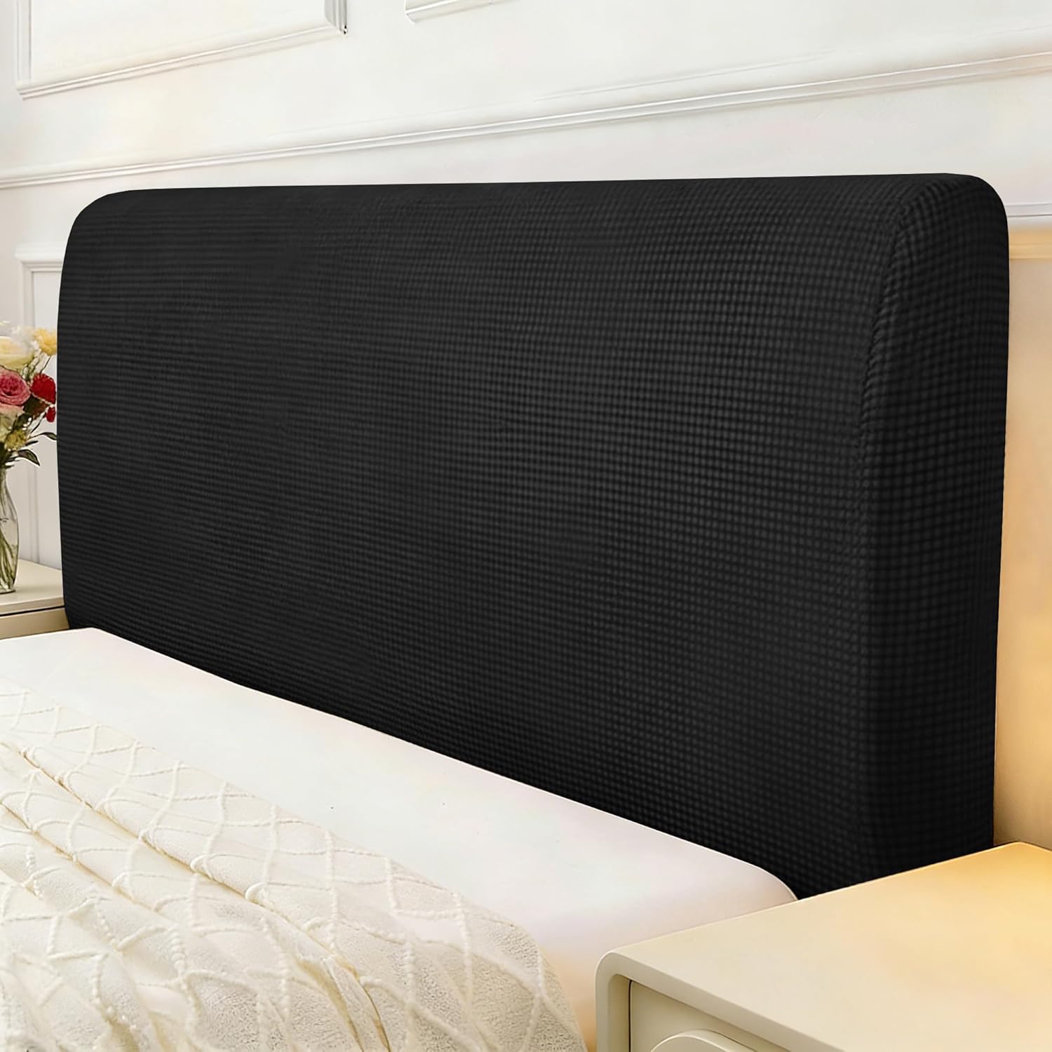 Stretch Bed Headboard Cover, Small Square Jacquard Bed Headboard Slipcover Soft Dustproof Protector Cover for Bedroom Decor(Black, King:78.7")