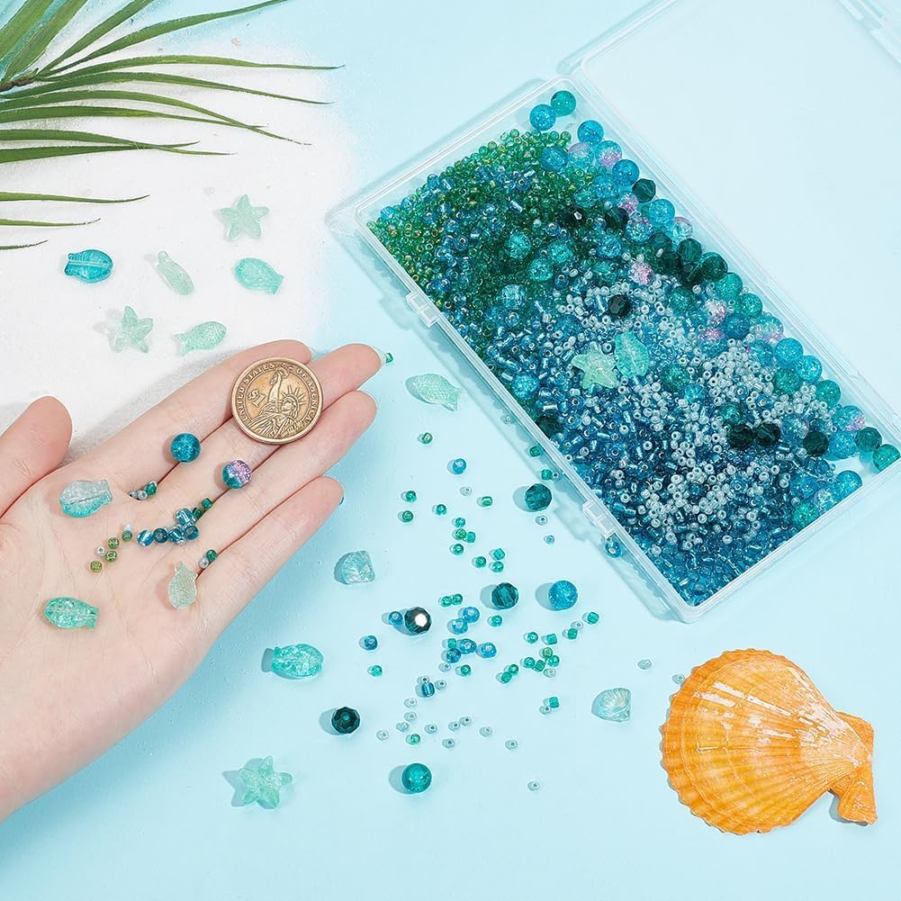 SUNNYCLUE 1 Box 3100+Pcs Sea Glass Beads Kit Glass Ocean Beads Glass Starfish Shell Fish Beads Summer Hawaii Ocean Animal Bead Cyan Spacer Loose Beads for Jewelry Making DIY Beading Crafts Supplies