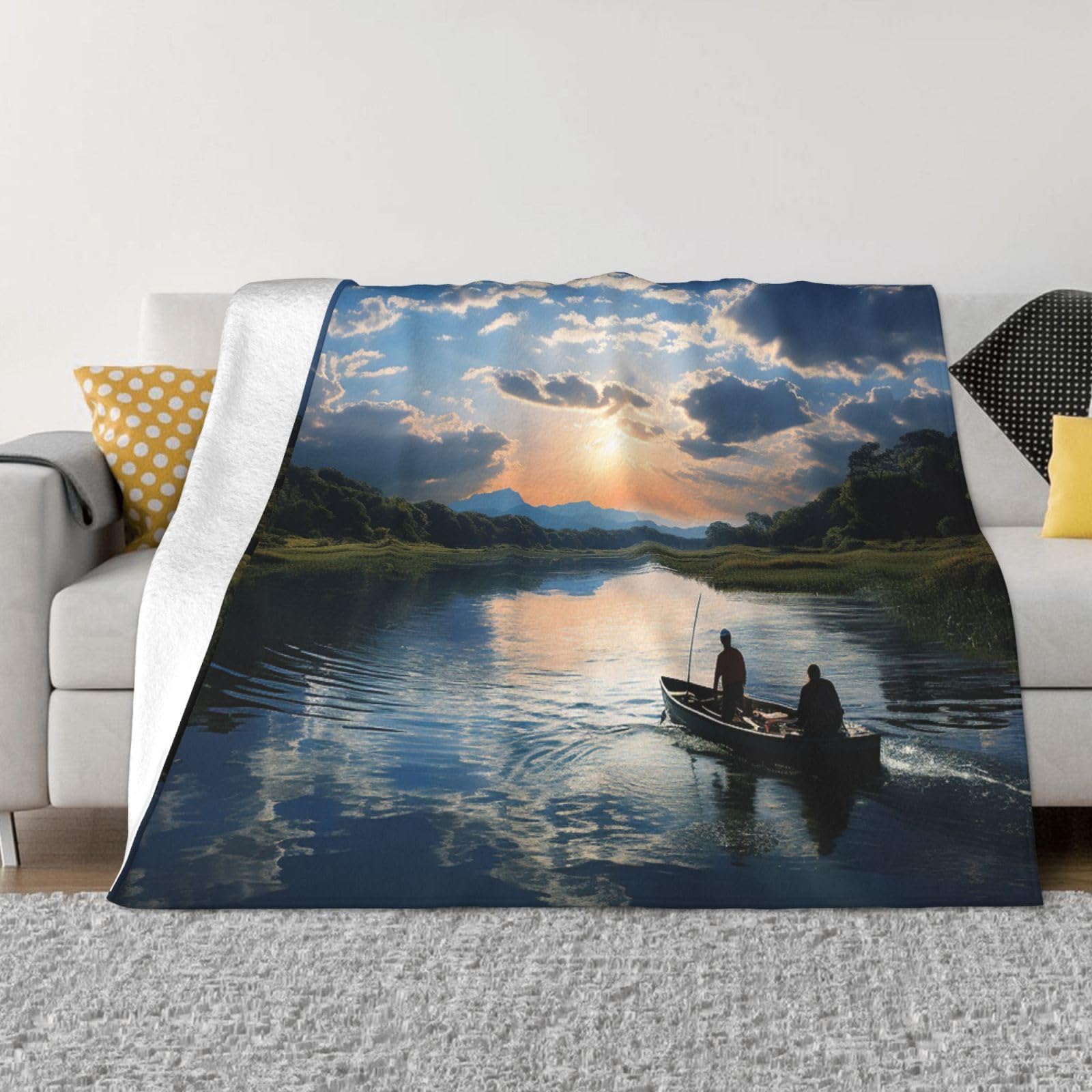 KLOPH Fishing Scenic Throw Blanket 80"x60" Flannel Fluffy Warm Blanket for Couch, Reversible Plush Blankets for Bed, Comfy Fuzzy Blanket for Sofa, Plush Lightweight-Blankets for All Season