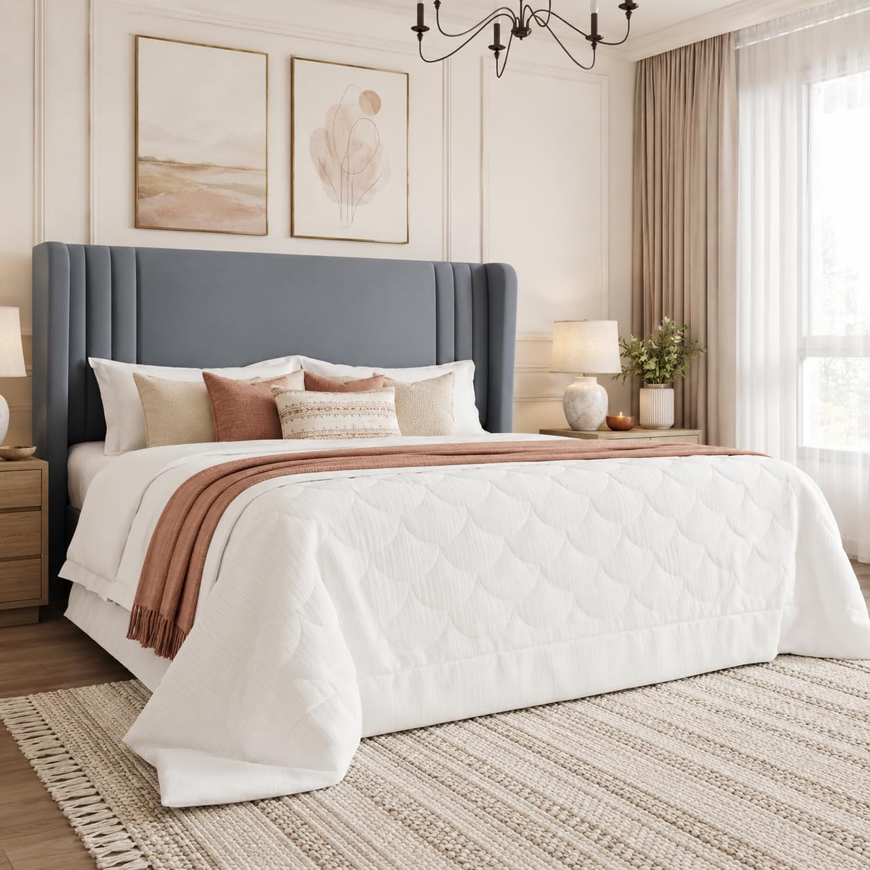 SHA CERLIN Queen Velvet Upholstered Bed Frame with Wingback Headboard in Grey