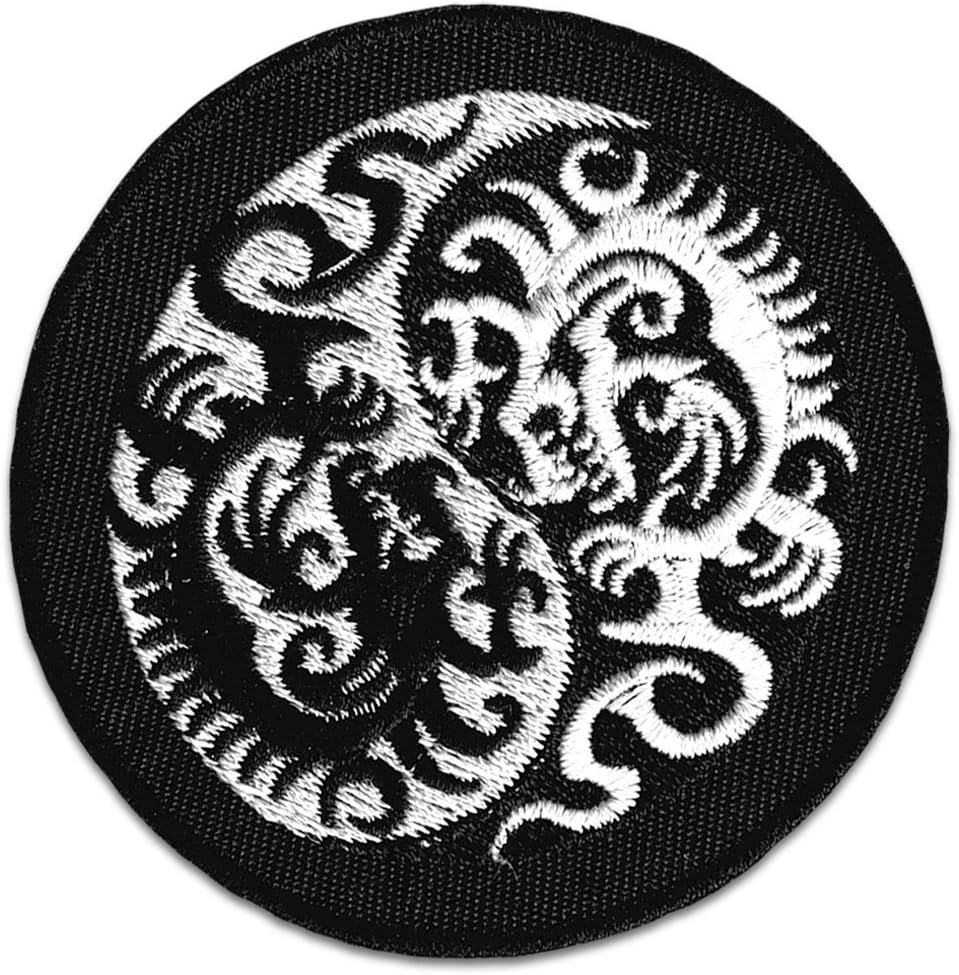 Wakapu Patch Yin & Yang Dragons Patch Iron On Sew On Embroidered Tattoo Irezumi Tebori Samurai Tao Shinto Martial Arts (White Small)