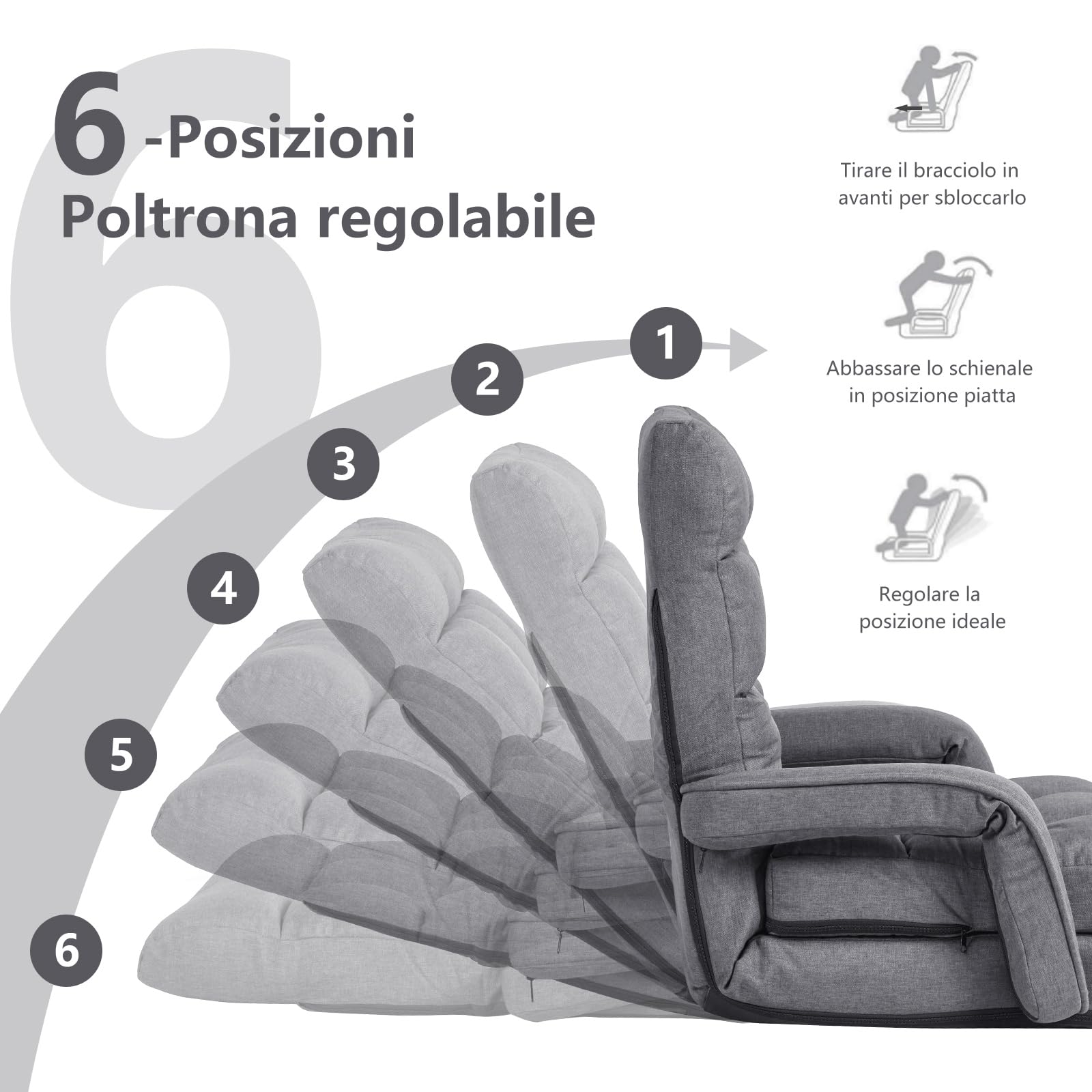COSTWAY Poltrona Divano con 5 Livelli Regolabili, Sedia da Terra con Braccioli e Cuscino, Struttura in Acciaio, Multifunzione e Pieghevole per Soggiorno Camera da Letto, 55x66x71 cm (Grigio)