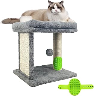 Cat Scratching Post Small Cat Tree with Cat Self Groomer, 17.3x13.4” Wide Top Bed, Natural Scratch Post and Danging Ball Great for Kittens and Average Indoor Cats-Grey