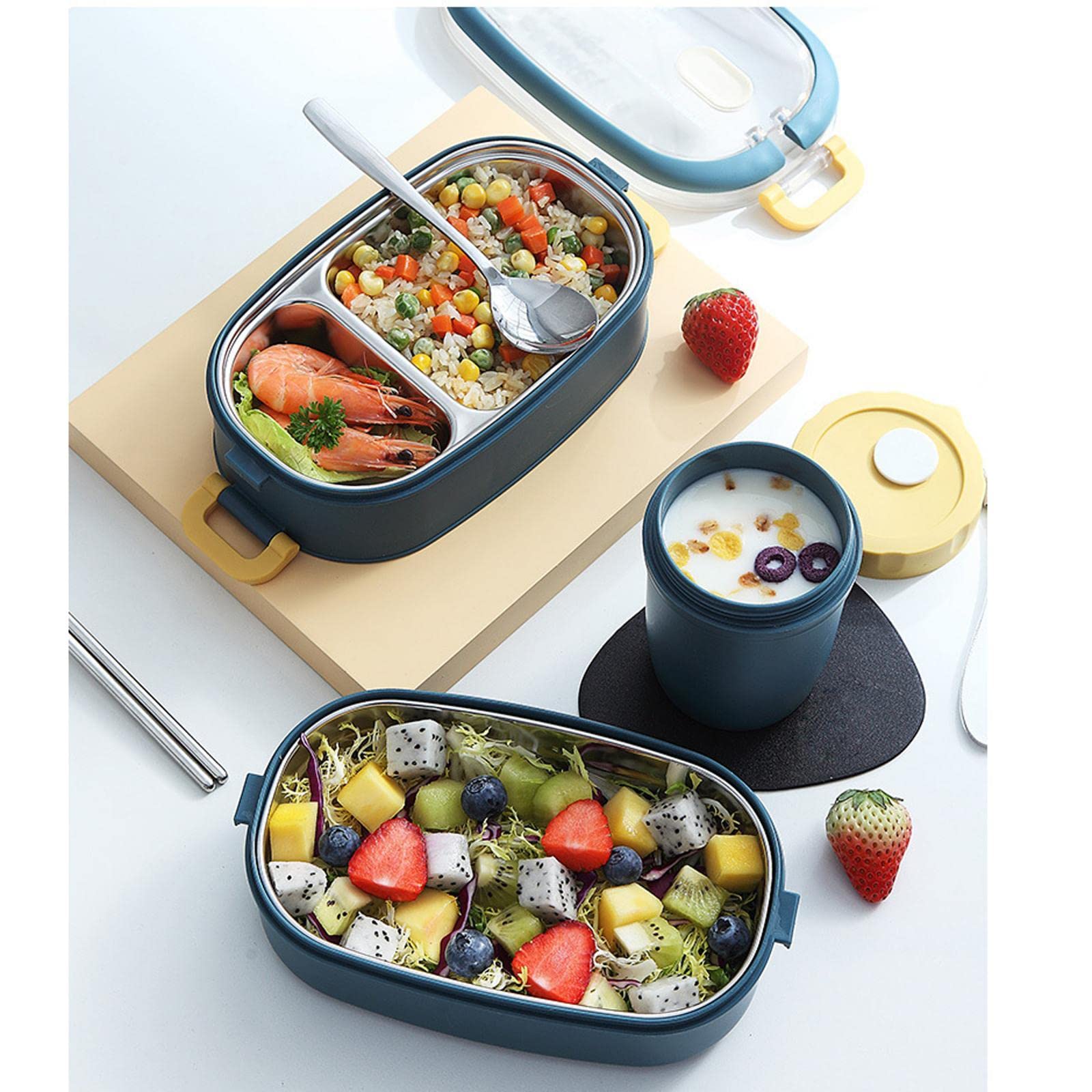 Bento-Box, auslaufsicher, BPA-frei, Edelstahl, Thermo-Lunchbox, Picknick, Reisen, 2-lagig, blau, dunkelblau, 2 Stück
