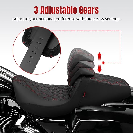 Gel Two-Up Motorcycle Seat with Height-Adjustable Rider Backrest